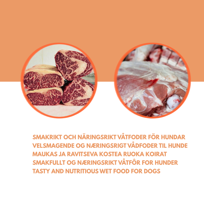 Angus-storfekjøtt og lammemel – Deilig våtfôr til hunder
